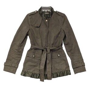 Banana Republic Womens Belted Ruffle Military Jacket Green M Field Trench Coat